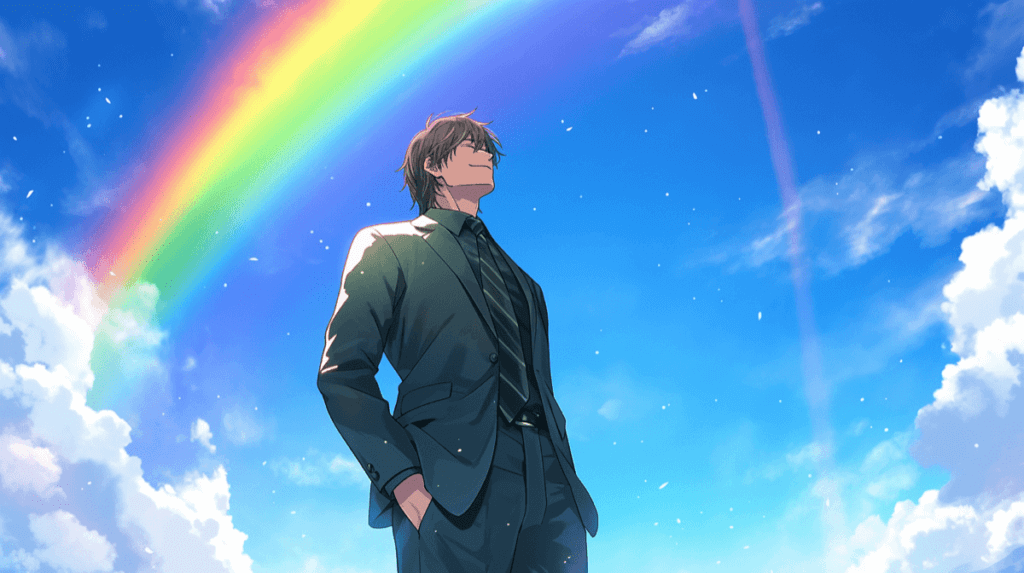 〈未来志向〉の資質イメージイラスト：虹のかかった青空を見上げる男性 / generated by Midjourney