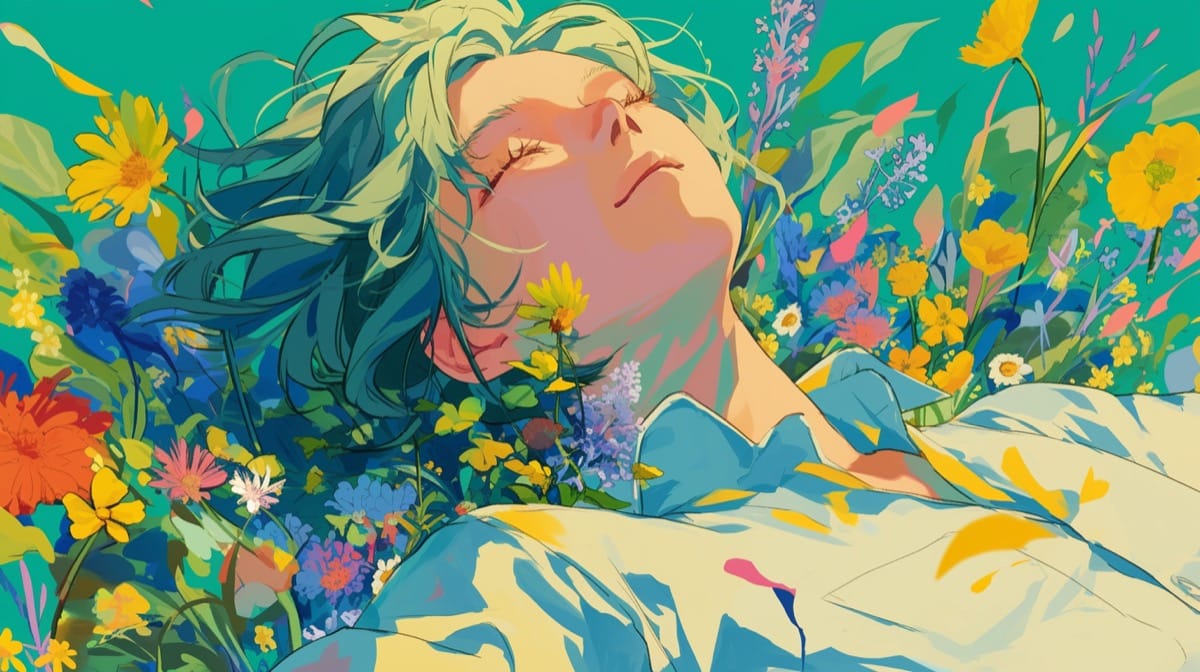 〈着想〉の資質イメージ：色とりどりの花に埋もれている男性 / generated by Midjourney